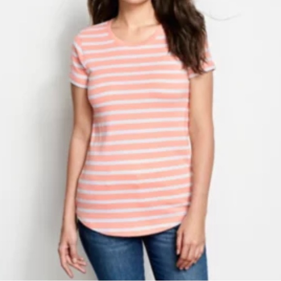 Orvis  Relaxed Perfect  Tee  classic Fit Striped Peach /Blue/White  Size XS - Picture 1 of 6